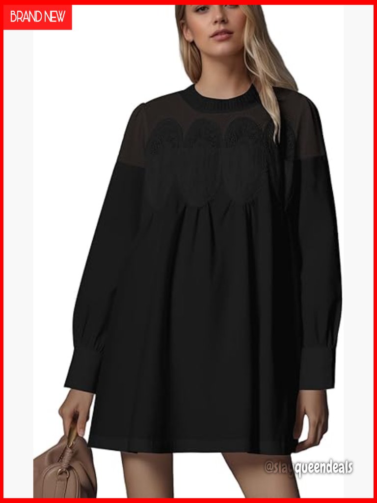 Floral Lace Crochet Mesh Mini Dress Long Sleeve Crew Neck Ruffle Pleated A Line